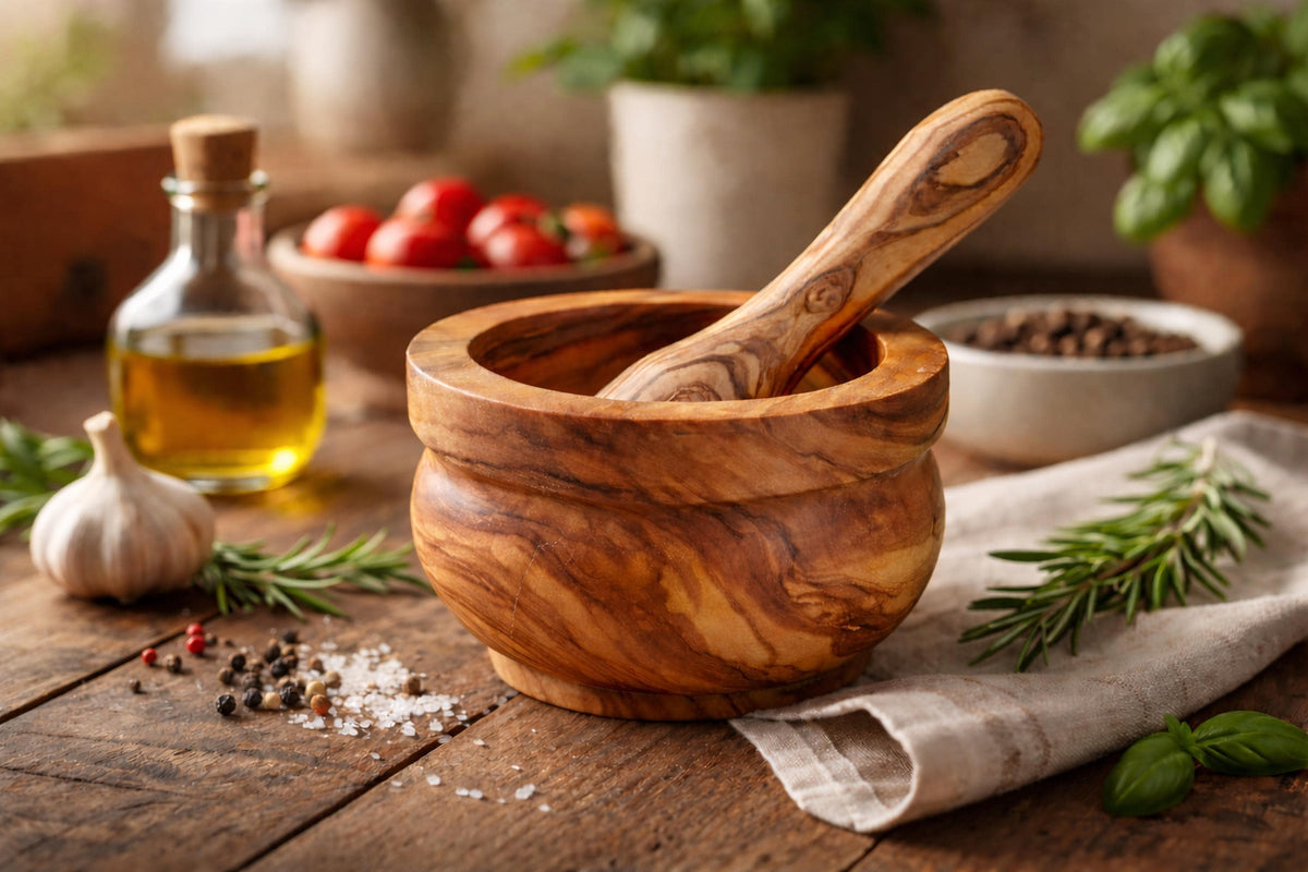 Handcrafted Olive Wood Mortar & Pestle – Solid Rustic Spice Grinder, Natural Herb Crusher Kitchen Gift for Chefs and Foodies
