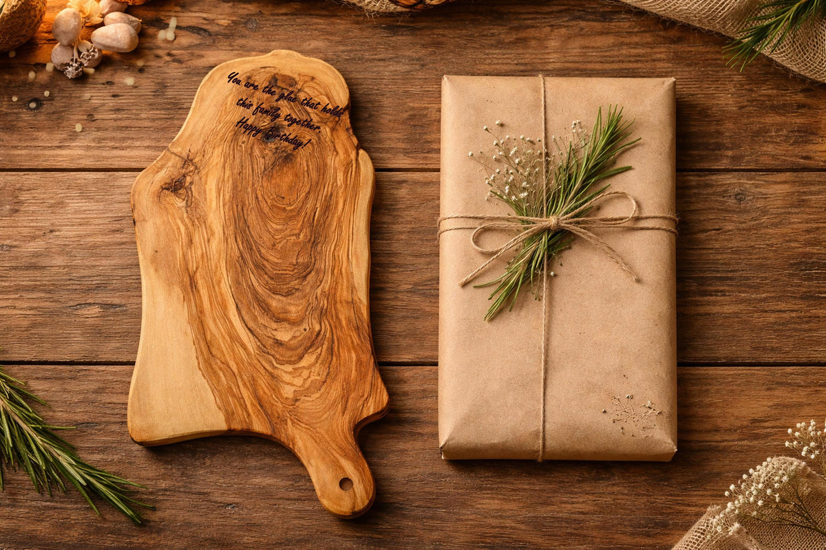 Personalized Olive Wood Cutting Board with Handle, Rustic Charcuterie Board, Live Edge Cheese Board, Kitchen Gift
