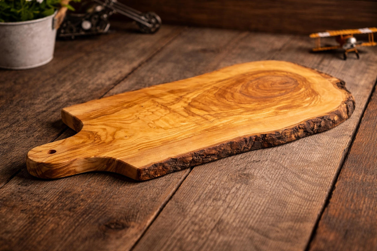 Personalized Olive Wood Cutting Board with Handle, Rustic Charcuterie Board, Live Edge Cheese Board, Kitchen Gift