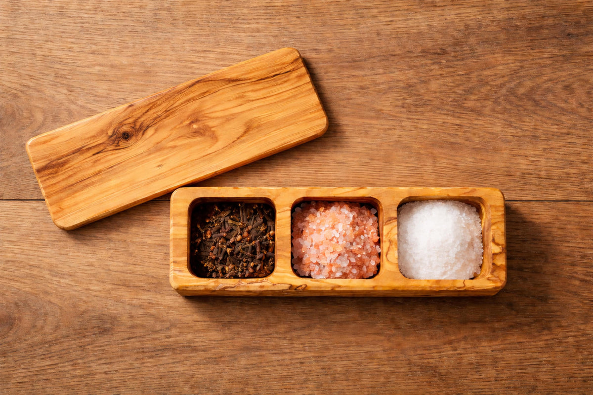 Olive Wood Salt Box with Lid, 3-Compartment Salt Cellar, Handmade Spice Box, Personalized Kitchen Gift