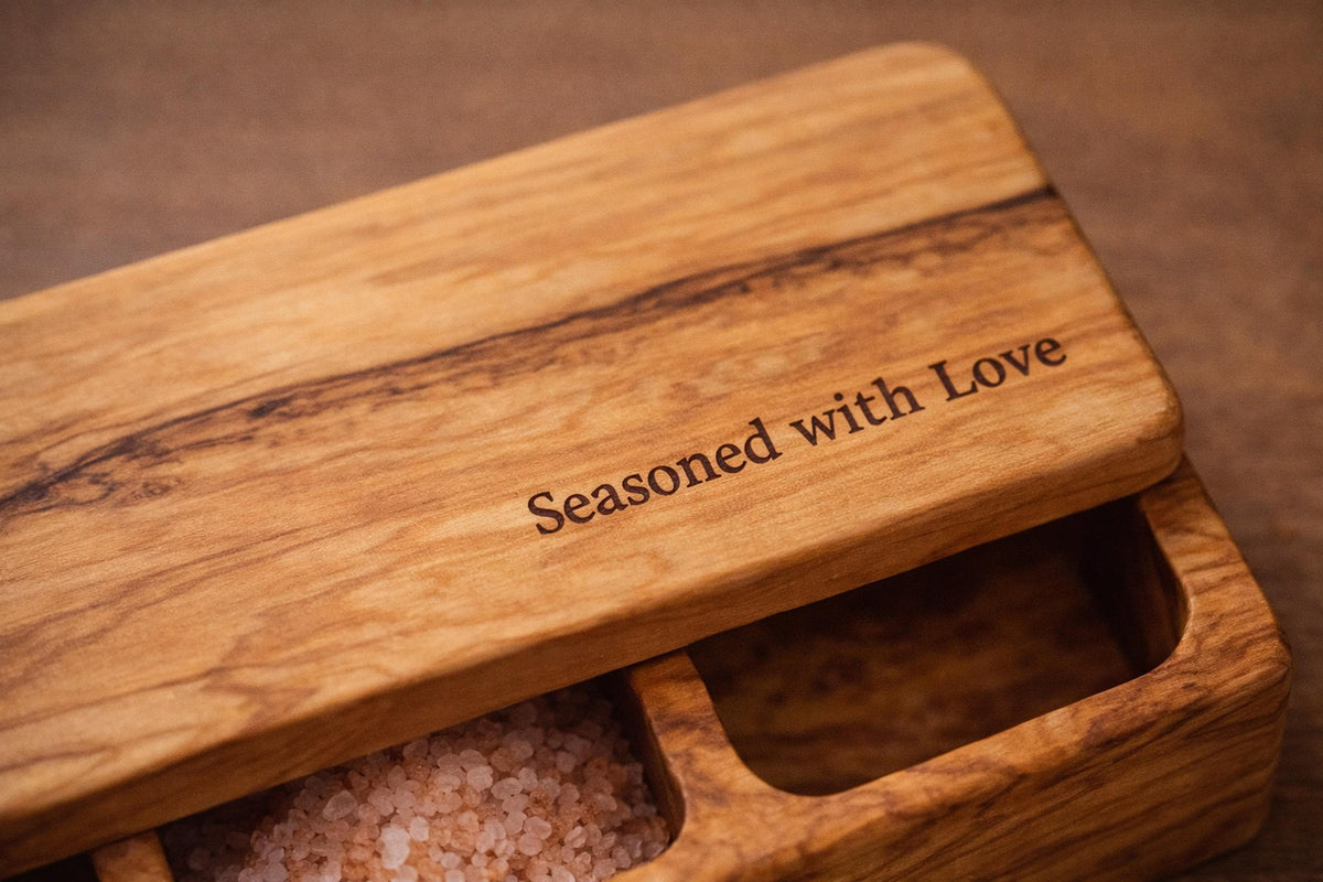 Olive Wood Salt Box with Lid, 3-Compartment Salt Cellar, Handmade Spice Box, Personalized Kitchen Gift