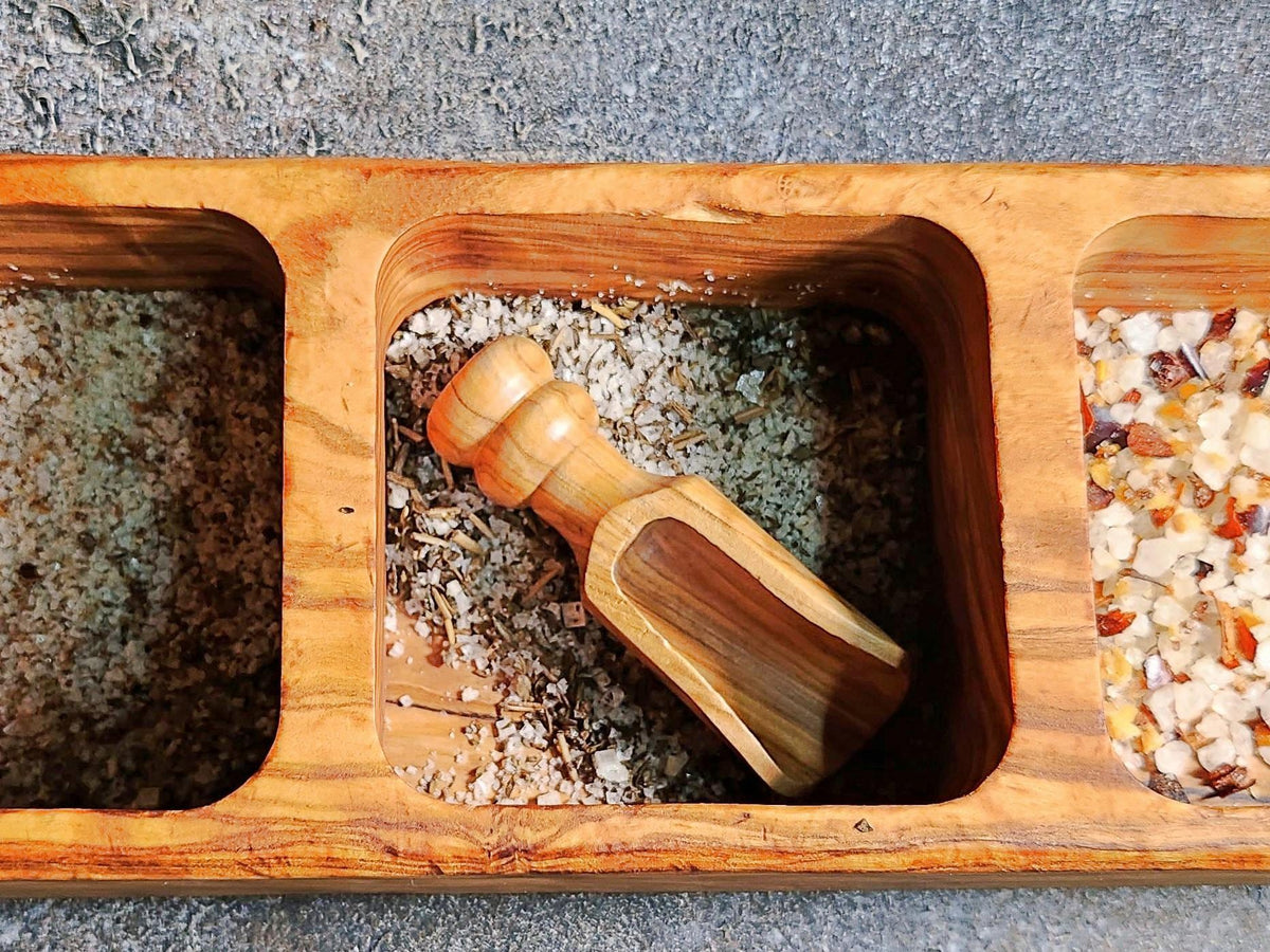 Olive Wood Salt Box with Lid, 3-Compartment Salt Cellar, Handmade Spice Box, Personalized Kitchen Gift