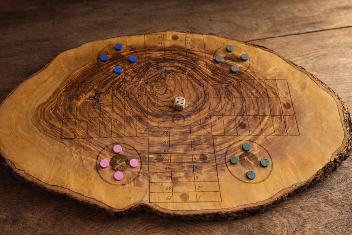 Handmade Olive Wood Ludo Board Game, Rustic Parcheesi Game, Family Wooden Game Gift