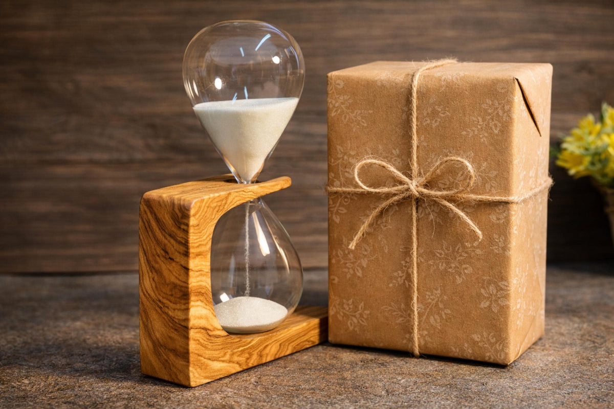Handcrafted 50-Minute Olive Wood Hourglass, Unique Design by BFC Art Mallorca, Customizable Gift, Elegant Decor Piece