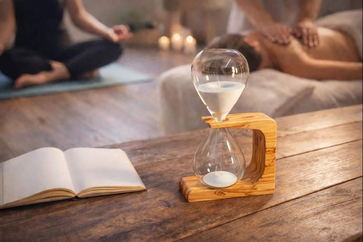Handcrafted 50-Minute Olive Wood Hourglass, Unique Design by BFC Art Mallorca, Customizable Gift, Elegant Decor Piece