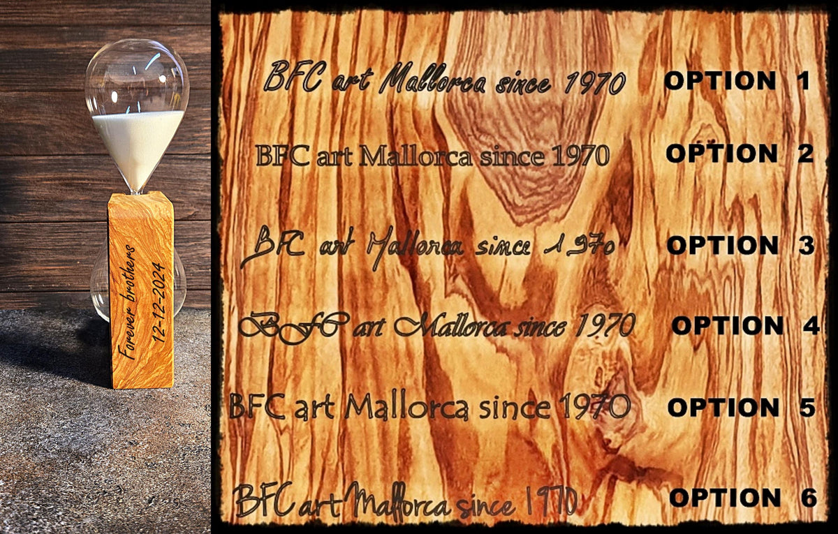 Handcrafted 50-Minute Olive Wood Hourglass, Unique Design by BFC Art Mallorca, Customizable Gift, Elegant Decor Piece