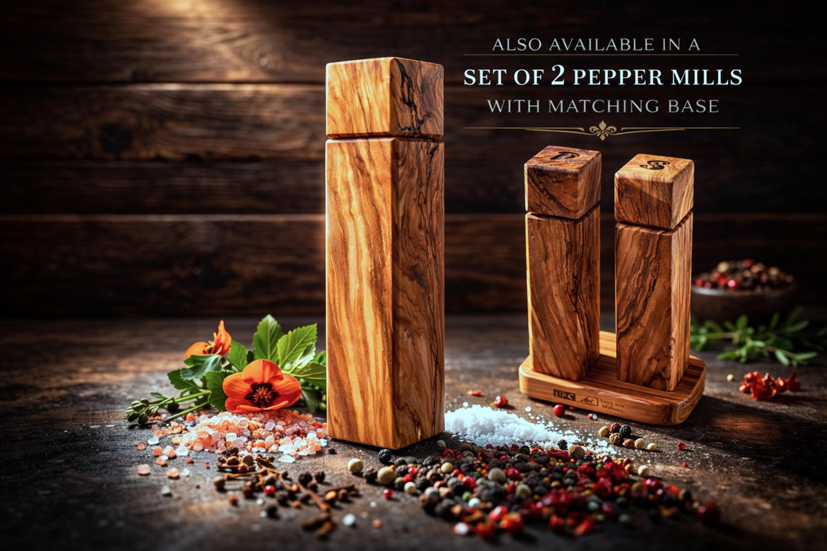 Olive Wood Pepper Mill, Handmade Square Salt Grinder, 1 Wooden Spice Grinder, Rustic Kitchen Gift