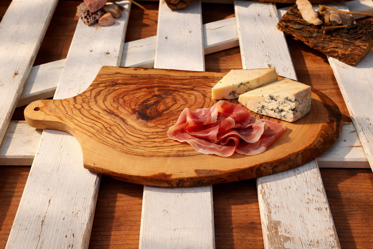 Personalized Olive Wood Cutting Board with Handle, Rustic Charcuterie Board, Live Edge Cheese Board, Kitchen Gift