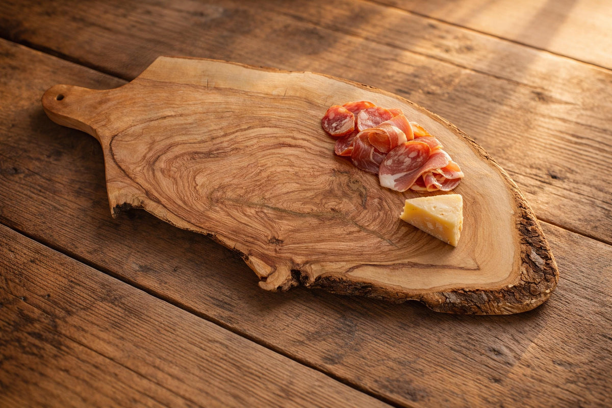 Personalized Olive Wood Cutting Board with Handle, Rustic Charcuterie Board, Live Edge Cheese Board, Kitchen Gift
