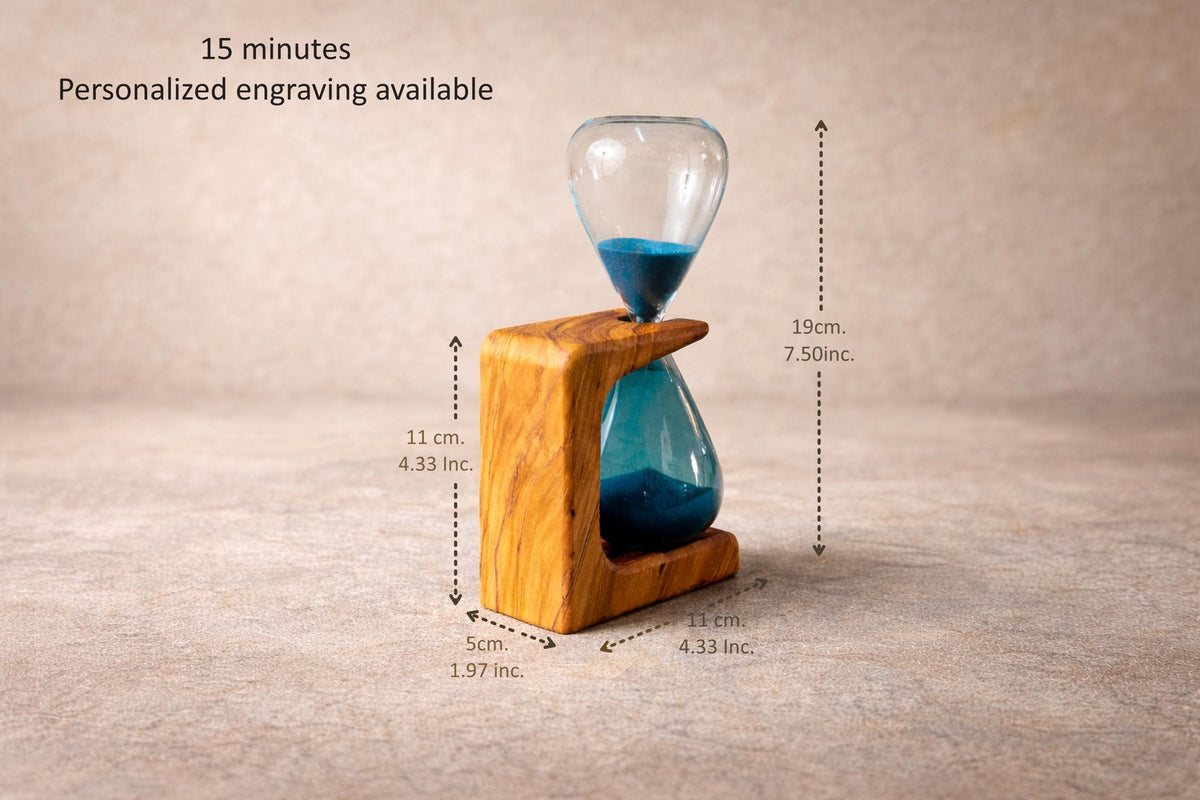 Decorative hourglass holder 15 min olive wood Customizable, sand hourglass timer, minute sand timer