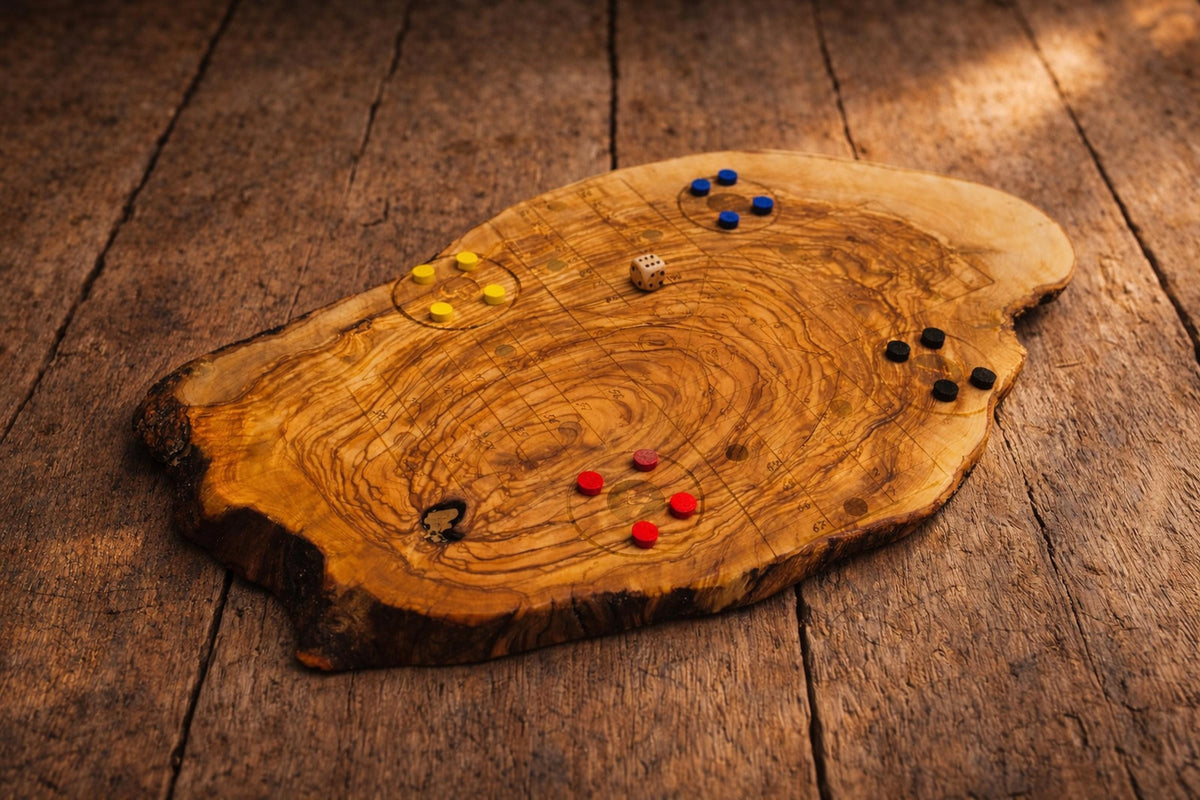 Handmade Olive Wood Ludo Board Game, Rustic Parcheesi Game, Family Wooden Game Gift