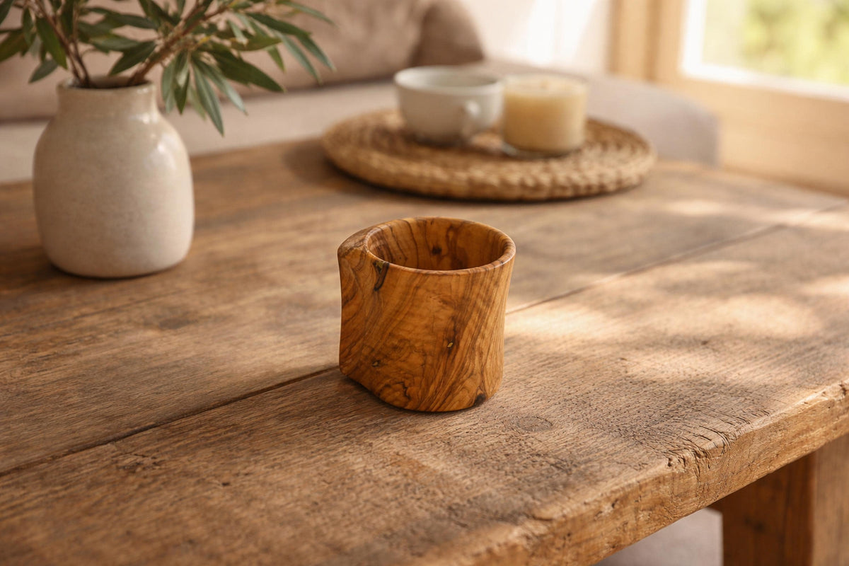 Handmade Olive Wood Mug with Handle – 250ml Wooden Coffee Cup – Rustic Natural Wood Tea Mug – Unique Kitchen Gift