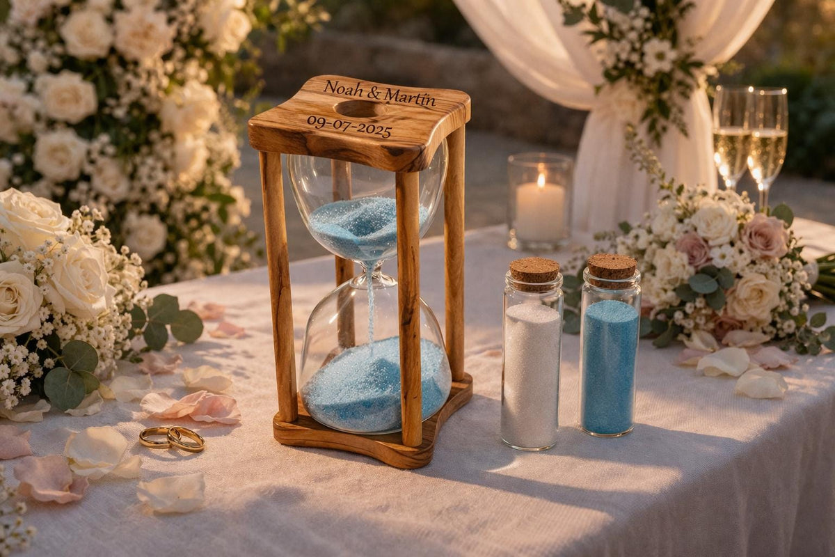 Engraved Olive Wood Hourglass, Wedding Memory Gift for Bride and Groom, Rustic Keepsake Decor, Personalized Gift