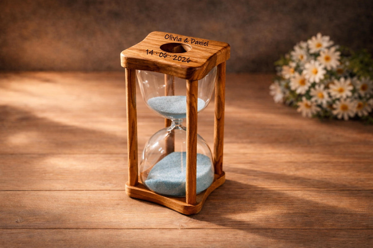 Engraved Olive Wood Hourglass, Wedding Memory Gift for Bride and Groom, Rustic Keepsake Decor, Personalized Gift