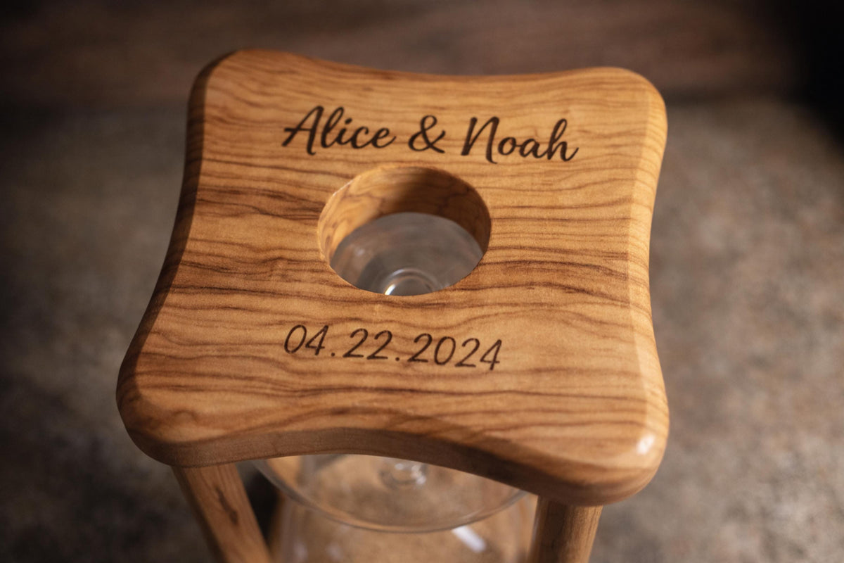 Personalized Wedding Hourglass Gift – Engraved Olive Wood Keepsake for Bride and Groom – Rustic Wedding Memory