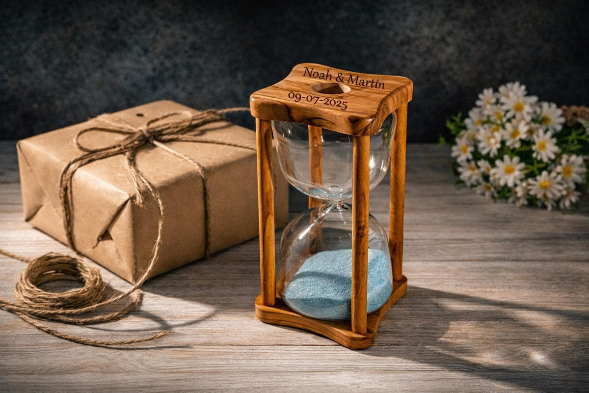 Personalized Wedding Hourglass Gift – Engraved Olive Wood Keepsake for Bride and Groom – Rustic Wedding Memory