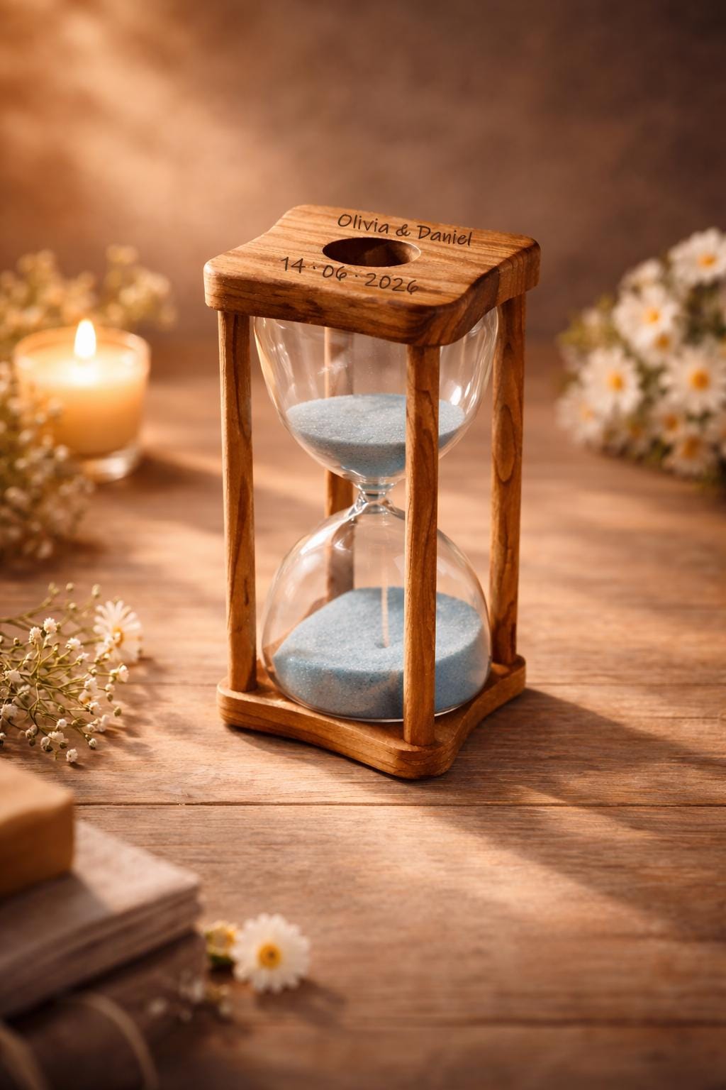 Personalized Wedding Hourglass Gift – Engraved Olive Wood Keepsake for Bride and Groom – Rustic Wedding Memory