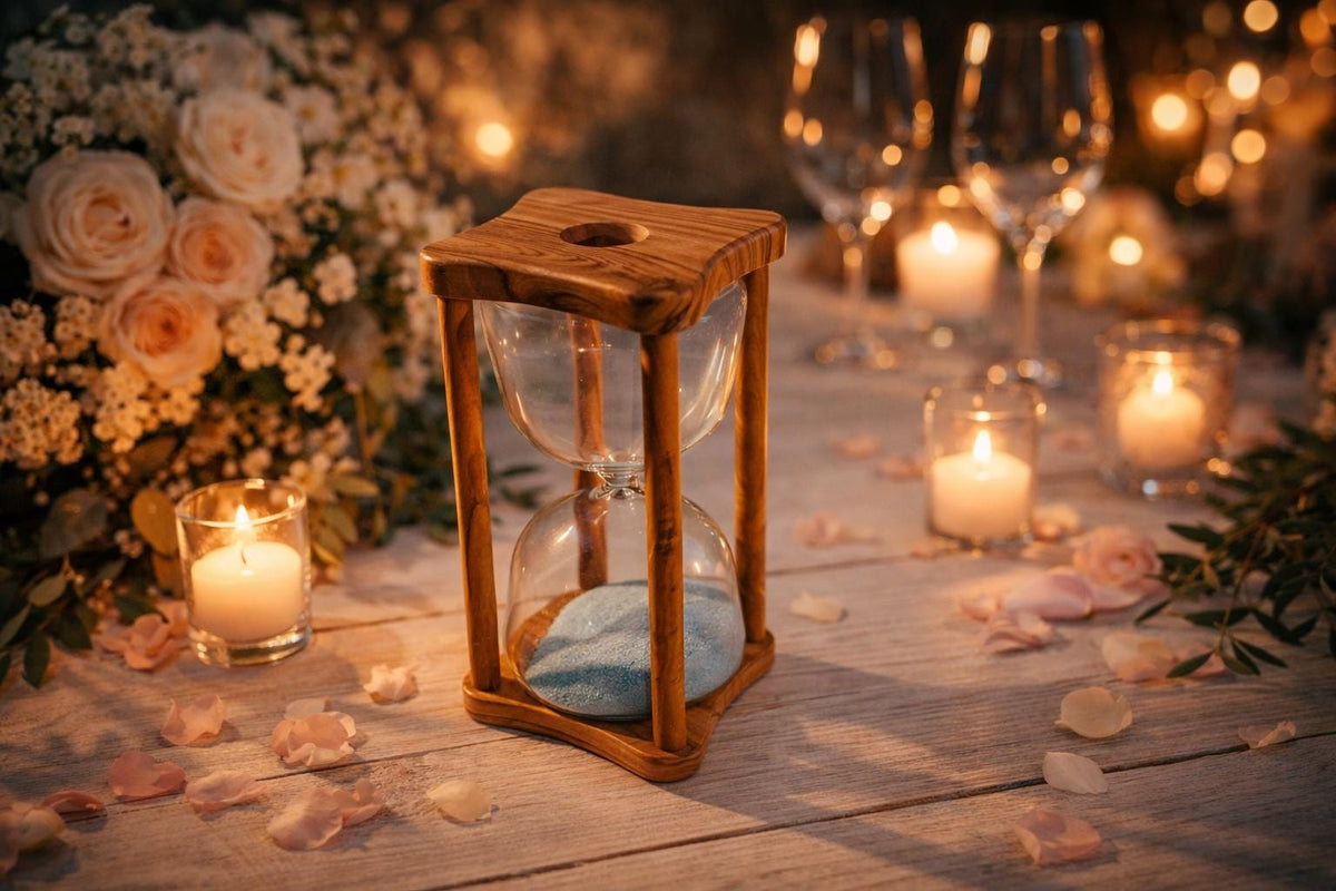 Engraved Olive Wood Hourglass, Wedding Memory Gift for Bride and Groom, Rustic Keepsake Decor, Personalized Gift