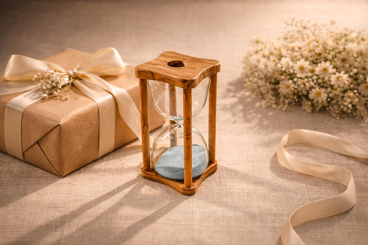 Engraved Olive Wood Hourglass, Wedding Memory Gift for Bride and Groom, Rustic Keepsake Decor, Personalized Gift