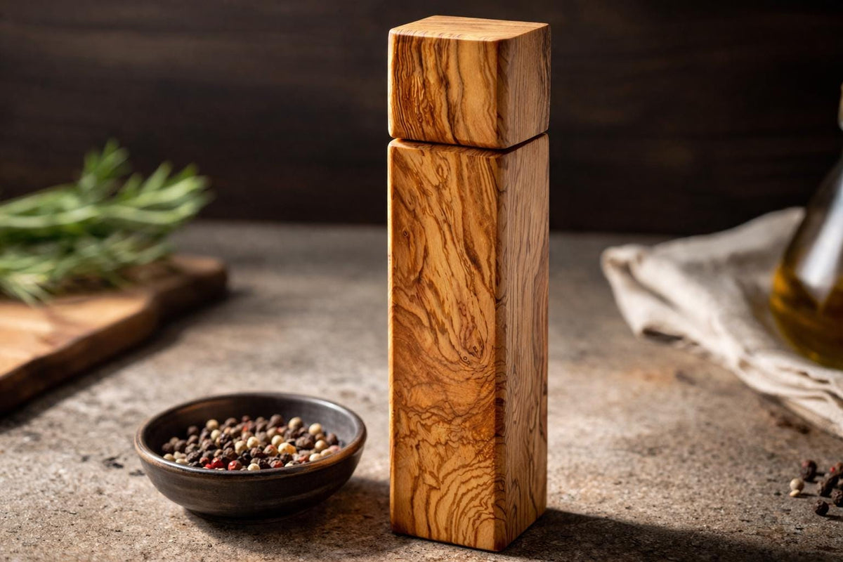 Olive Wood Pepper Mill, Handmade Square Salt Grinder, 1 Wooden Spice Grinder, Rustic Kitchen Gift