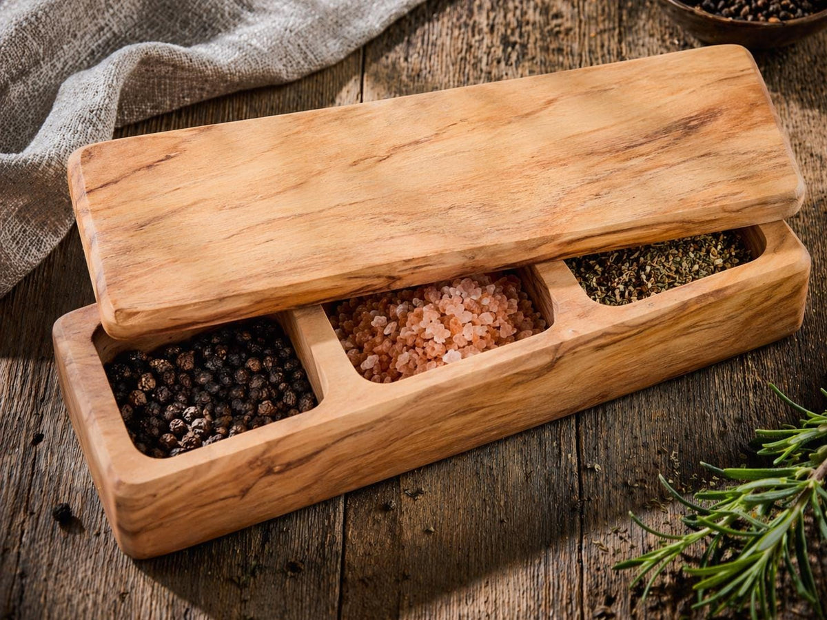 Olive Wood Salt Box with Lid, 3-Compartment Salt Cellar, Handmade Spice Box, Personalized Kitchen Gift