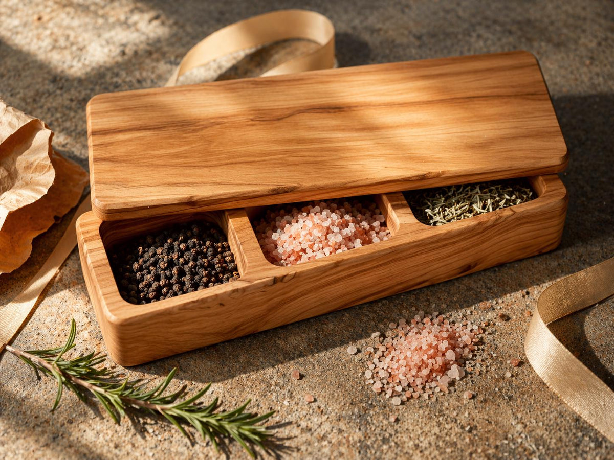 Olive Wood Salt Box with Lid, 3-Compartment Salt Cellar, Handmade Spice Box, Personalized Kitchen Gift