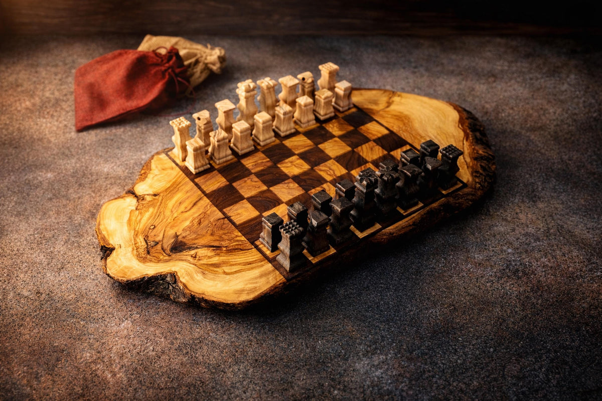 Handmade Olive Wood Chess Set, Rustic Live Edge Chess Board, Premium Wooden Board Game, Gift for Him