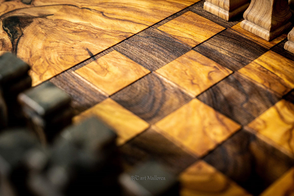 Handmade Olive Wood Chess Set, Rustic Live Edge Chess Board, Premium Wooden Board Game, Gift for Him