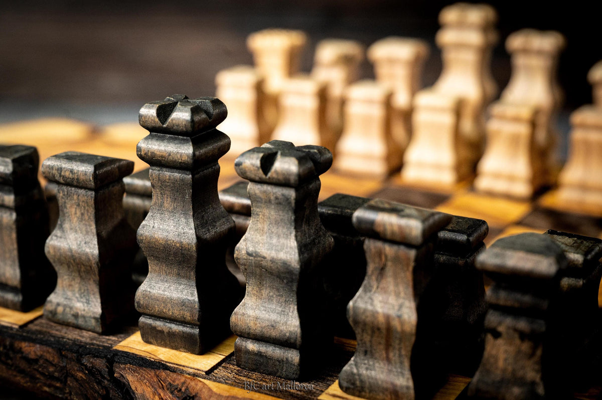 Handmade Olive Wood Chess Set, Rustic Live Edge Chess Board, Premium Wooden Board Game, Gift for Him
