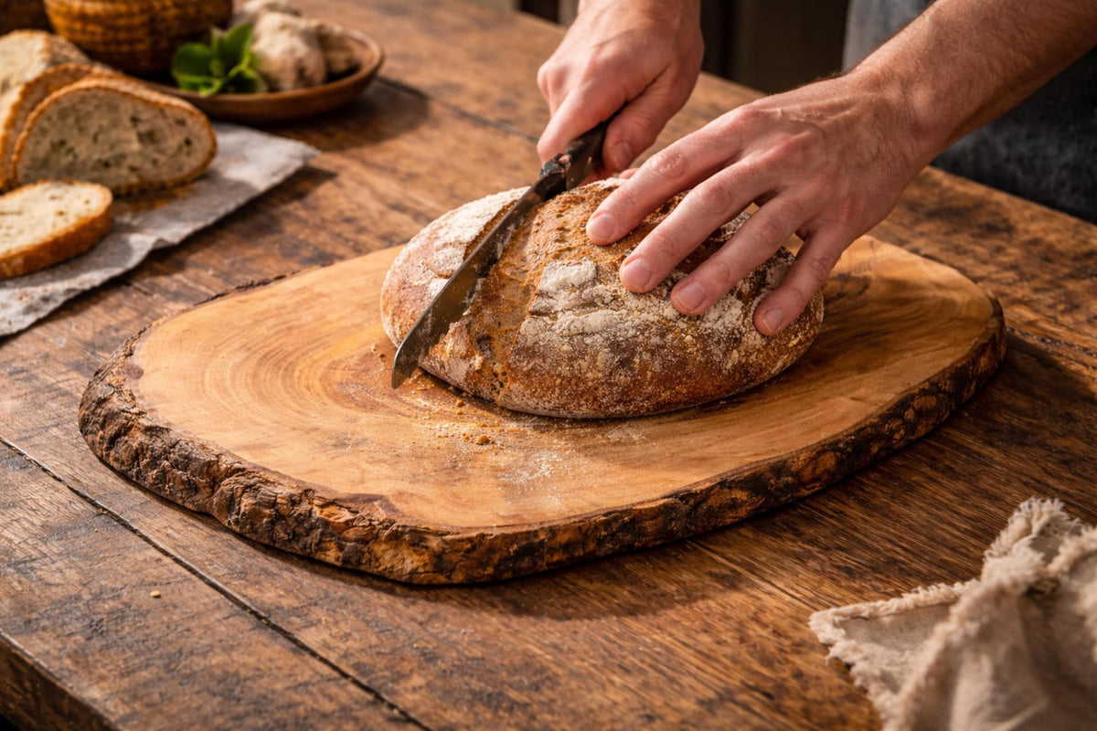 Rustic Olive Wood Cutting Board: Large Kitchen Board with Natural Bark Edge