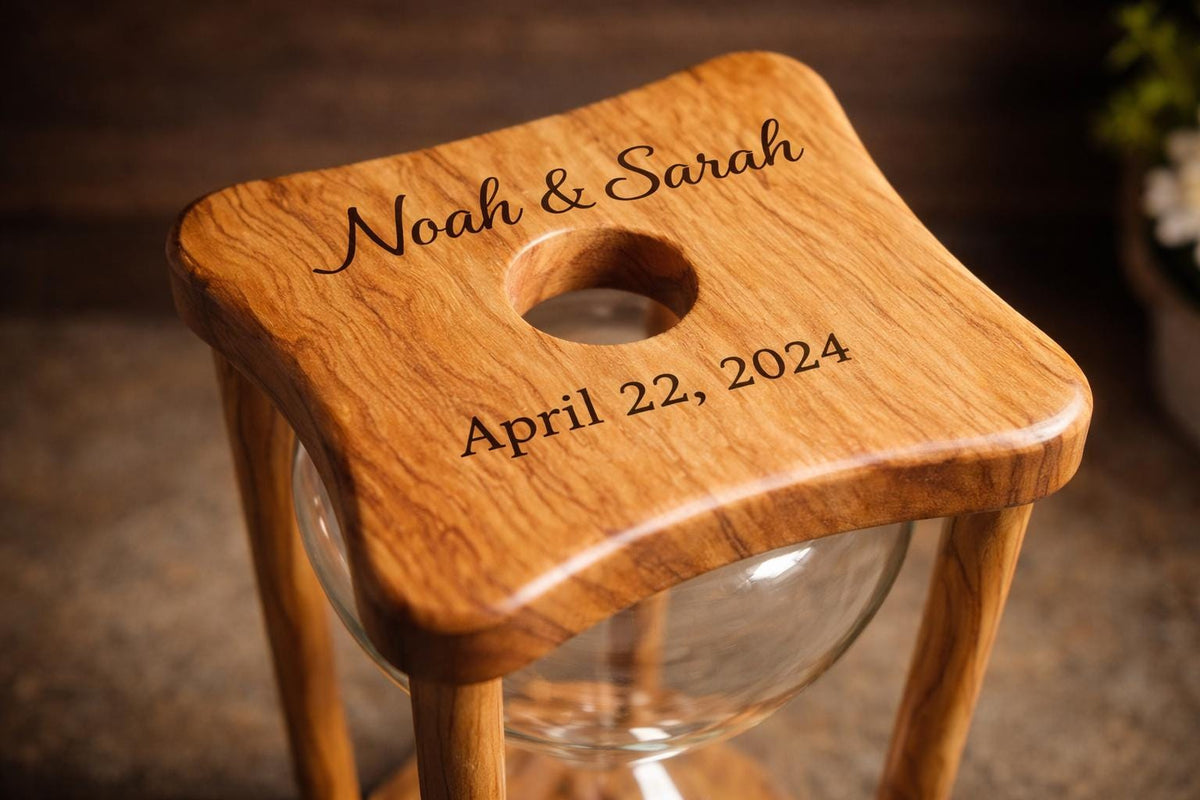 Engraved Olive Wood Hourglass, Wedding Memory Gift for Bride and Groom, Rustic Keepsake Decor, Personalized Gift