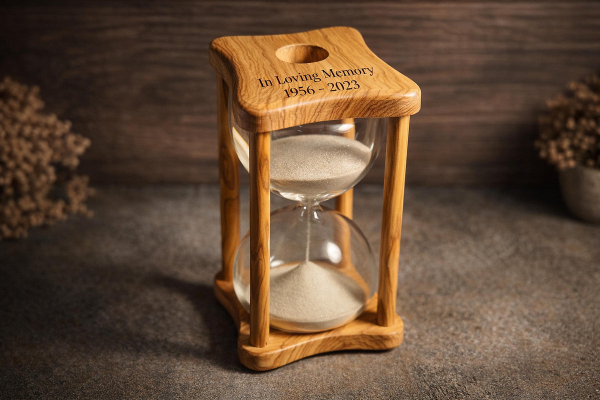 Personalized Memorial Hourglass, Olive Wood Ashes Keepsake, Engraved Remembrance Gift, Rustic Tribute Decor