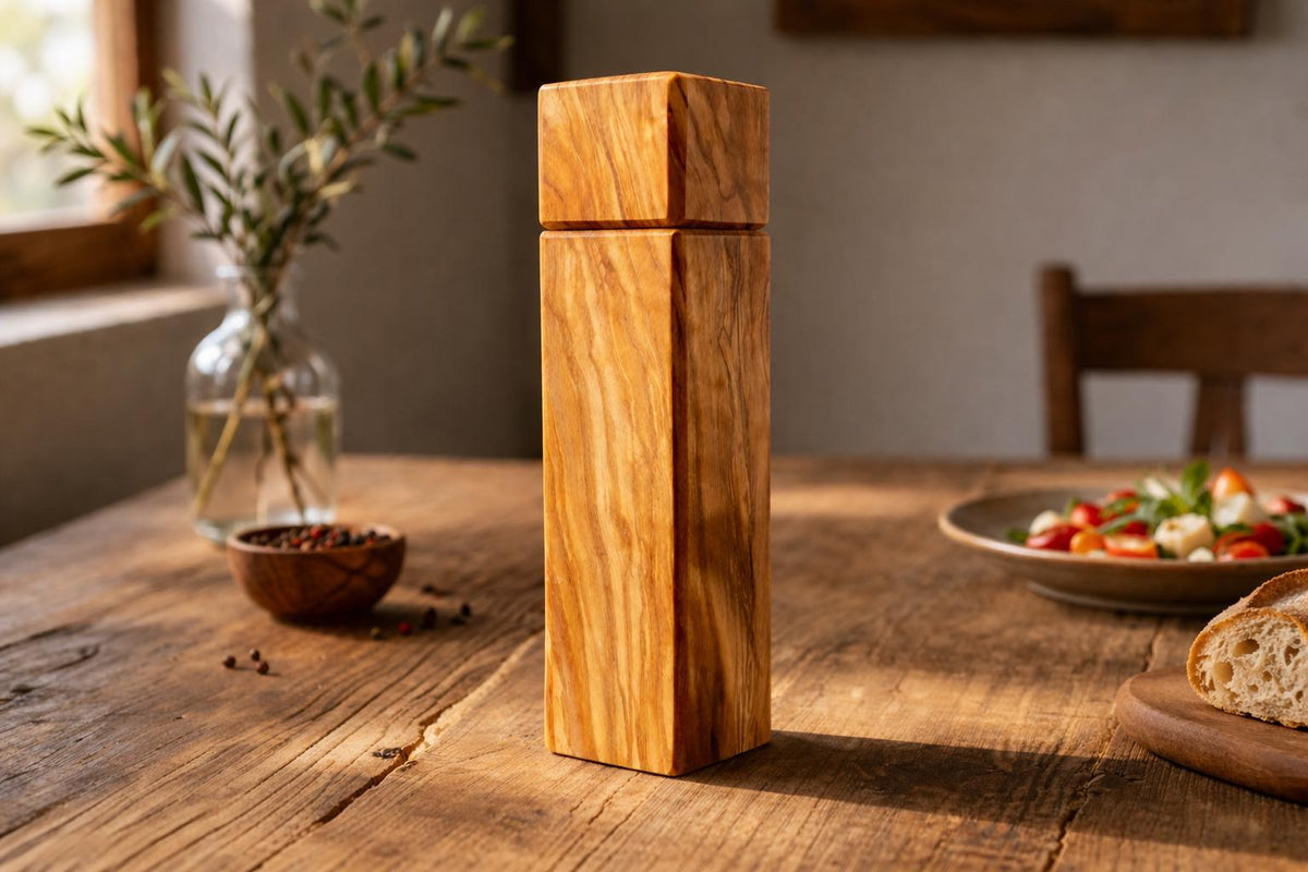 Olive Wood Pepper Mill, Handmade Square Salt Grinder, 1 Wooden Spice Grinder, Rustic Kitchen Gift