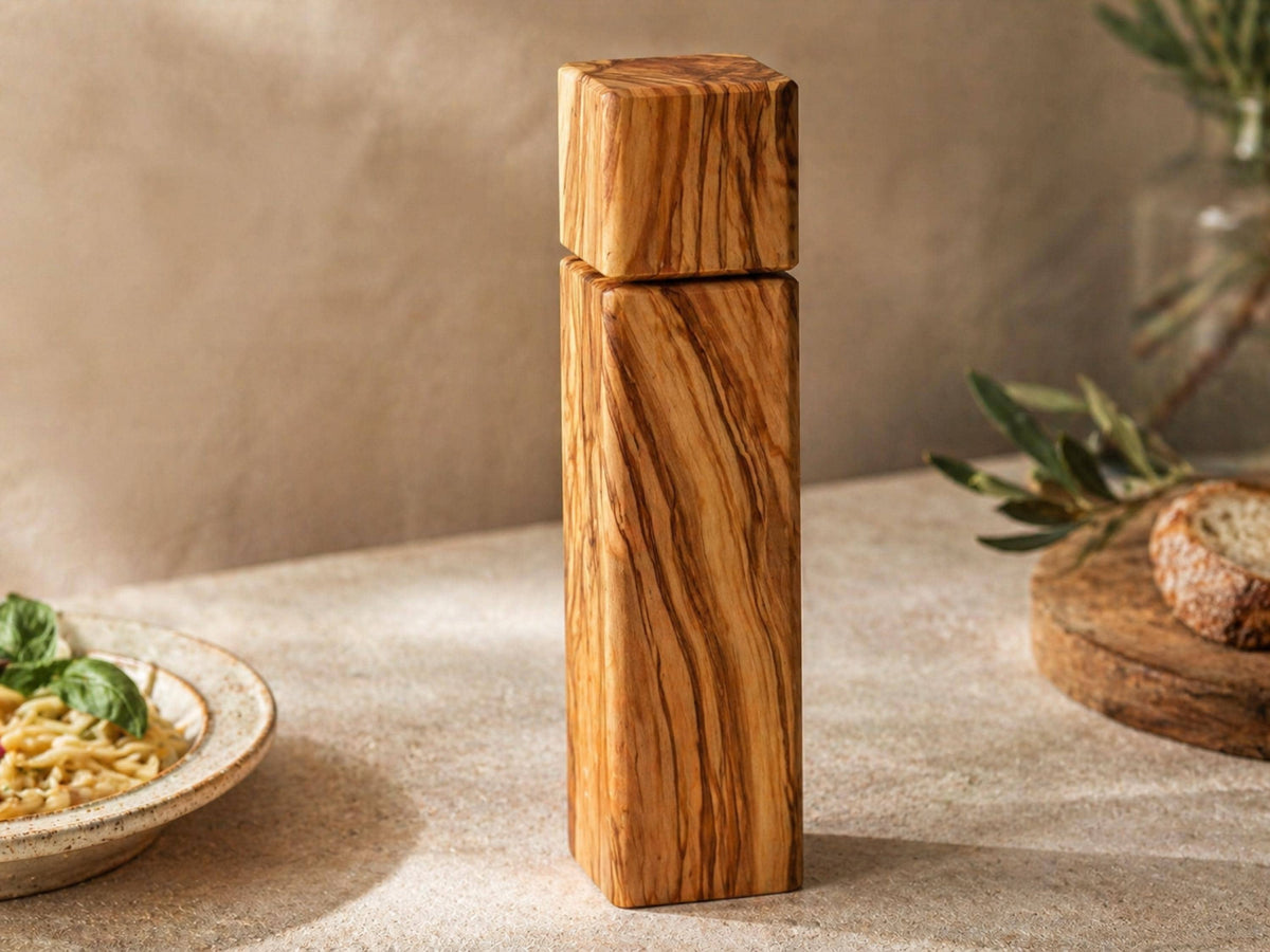 Olive Wood Pepper Mill, Handmade Square Salt Grinder, 1 Wooden Spice Grinder, Rustic Kitchen Gift