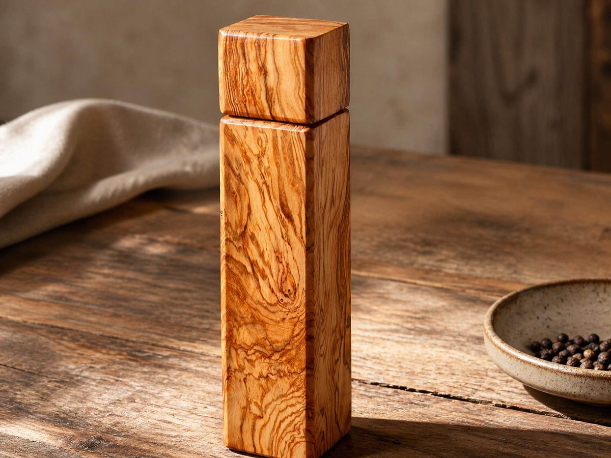Olive Wood Pepper Mill, Handmade Square Salt Grinder, 1 Wooden Spice Grinder, Rustic Kitchen Gift