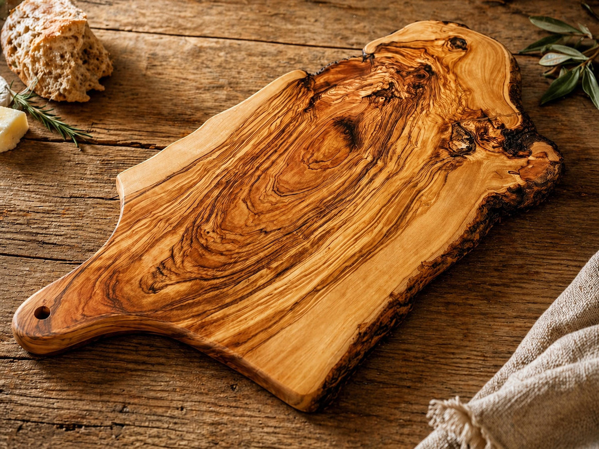 Personalized Olive Wood Cutting Board with Handle, Rustic Charcuterie Board, Live Edge Cheese Board, Kitchen Gift