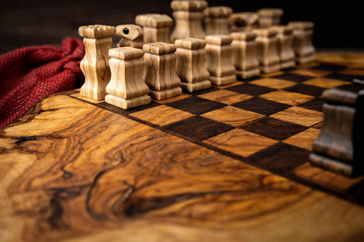 Handmade Olive Wood Chess Set, Rustic Live Edge Chess Board, Premium Wooden Board Game, Gift for Him