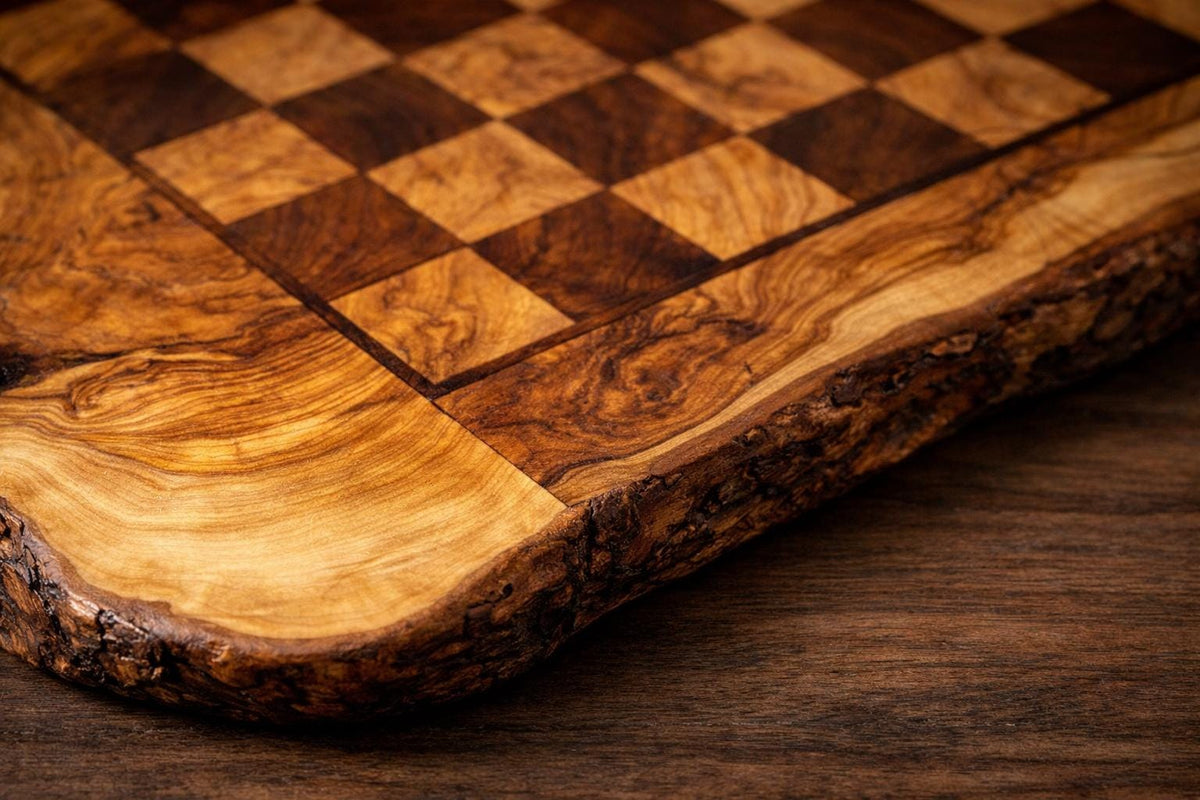 Handmade Olive Wood Chess Set, Rustic Live Edge Chess Board, Premium Wooden Board Game, Gift for Him