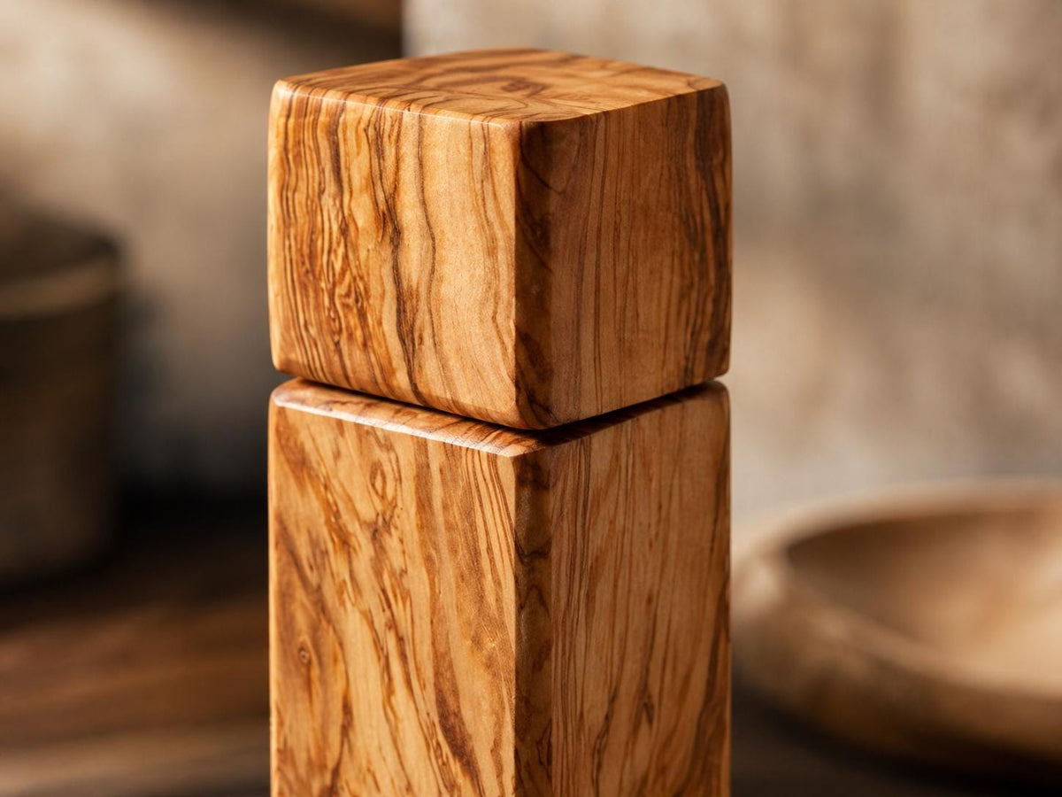 Olive Wood Pepper Mill, Handmade Square Salt Grinder, 1 Wooden Spice Grinder, Rustic Kitchen Gift