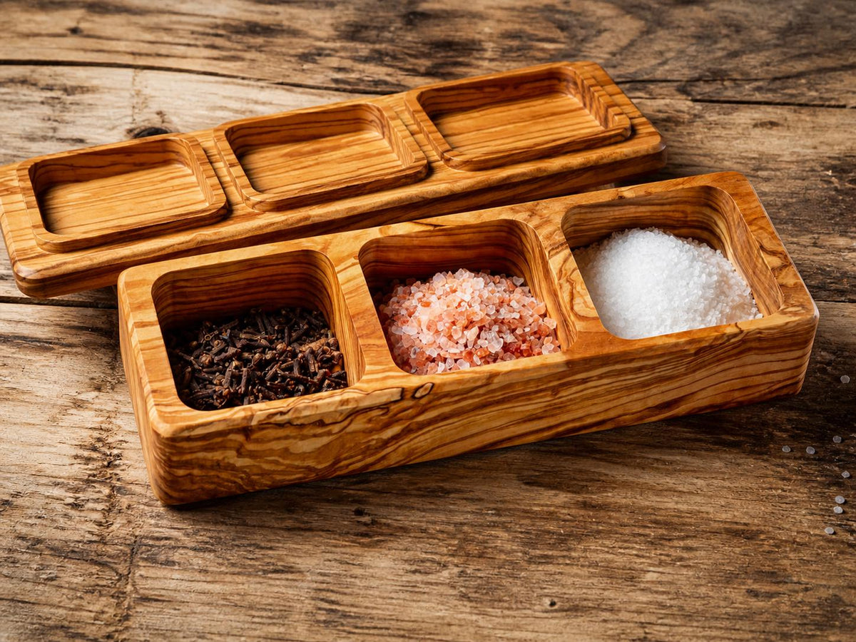 Olive Wood Salt Box with Lid, 3-Compartment Salt Cellar, Handmade Spice Box, Personalized Kitchen Gift