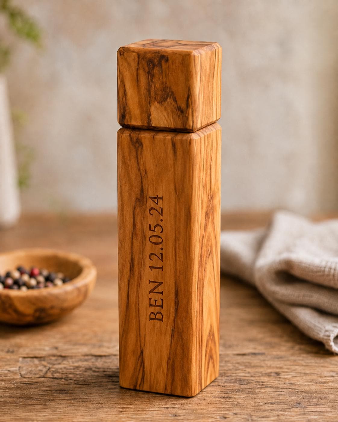 Personalized Olive Wood Pepper Mill, Engraved Salt or Spice Grinder, Rustic Kitchen Gift for Him, Handmade Cooking Gift