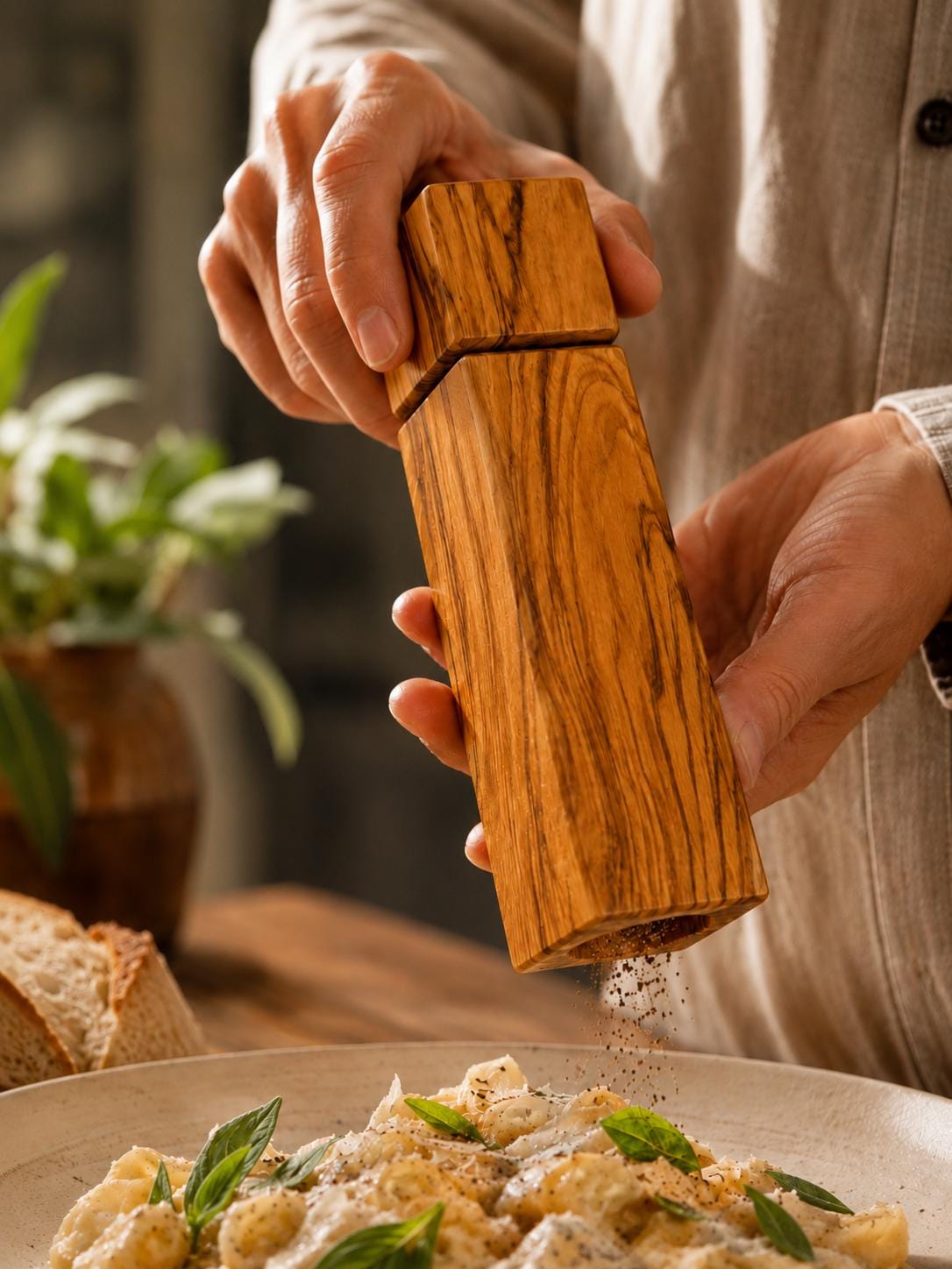 Personalized Olive Wood Pepper Mill, Engraved Salt or Spice Grinder, Rustic Kitchen Gift for Him, Handmade Cooking Gift