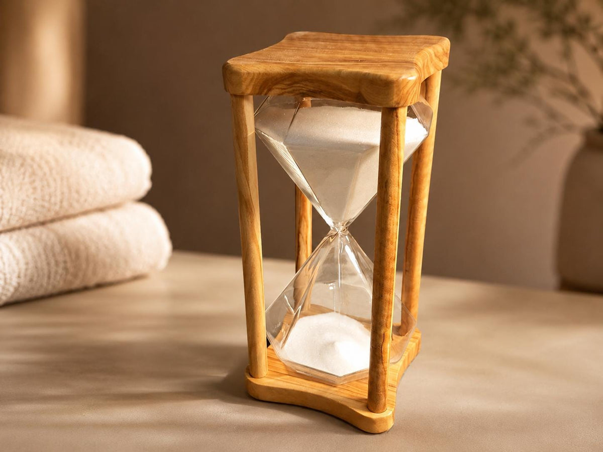 50 Minute Olive Wood Hourglass, Wooden Sand Timer for Massage Therapy, Yoga, Meditation, Spa Decor, Handmade Rustic Gift