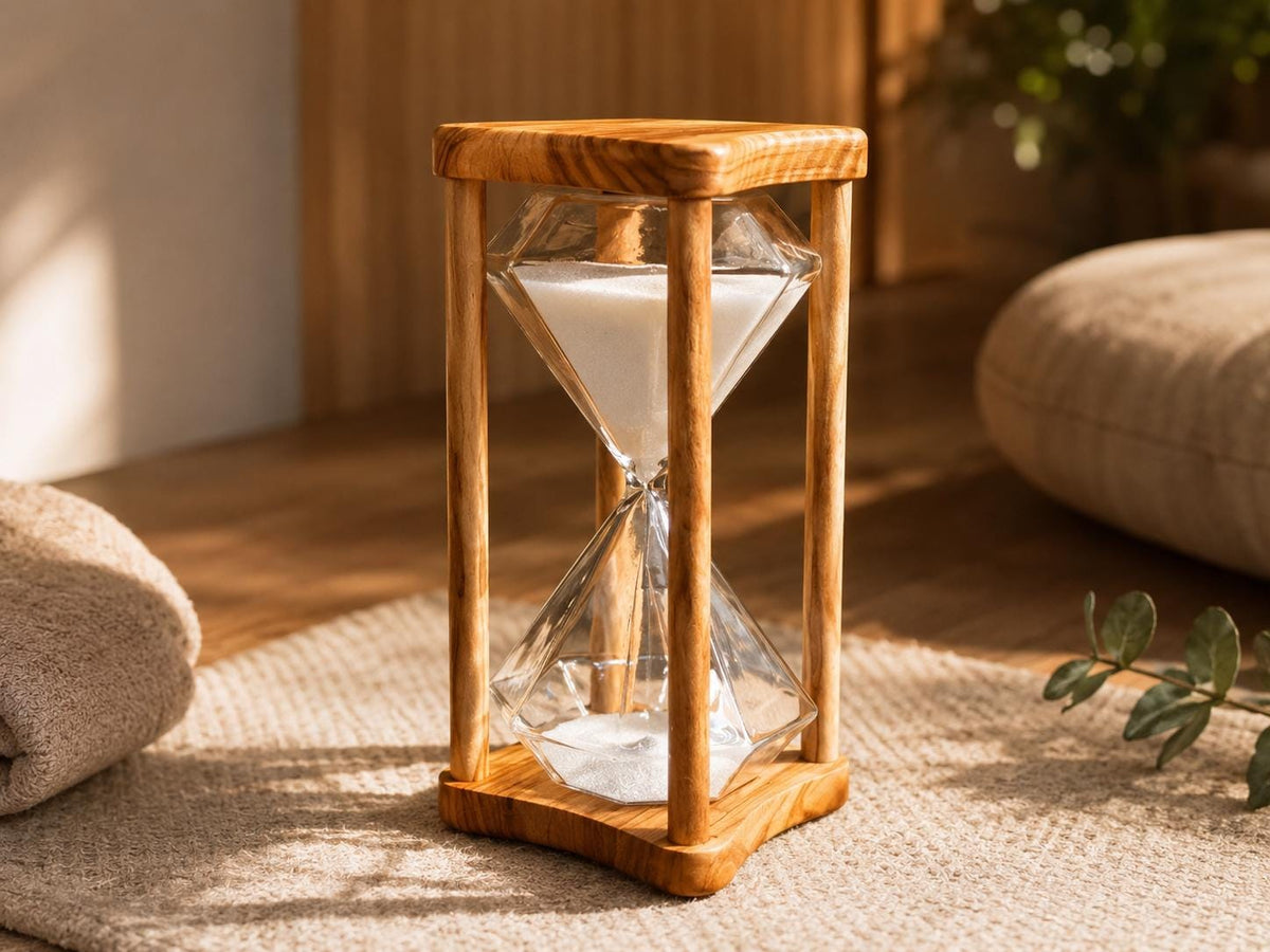 50 Minute Olive Wood Hourglass, Wooden Sand Timer for Massage Therapy, Yoga, Meditation, Spa Decor, Handmade Rustic Gift