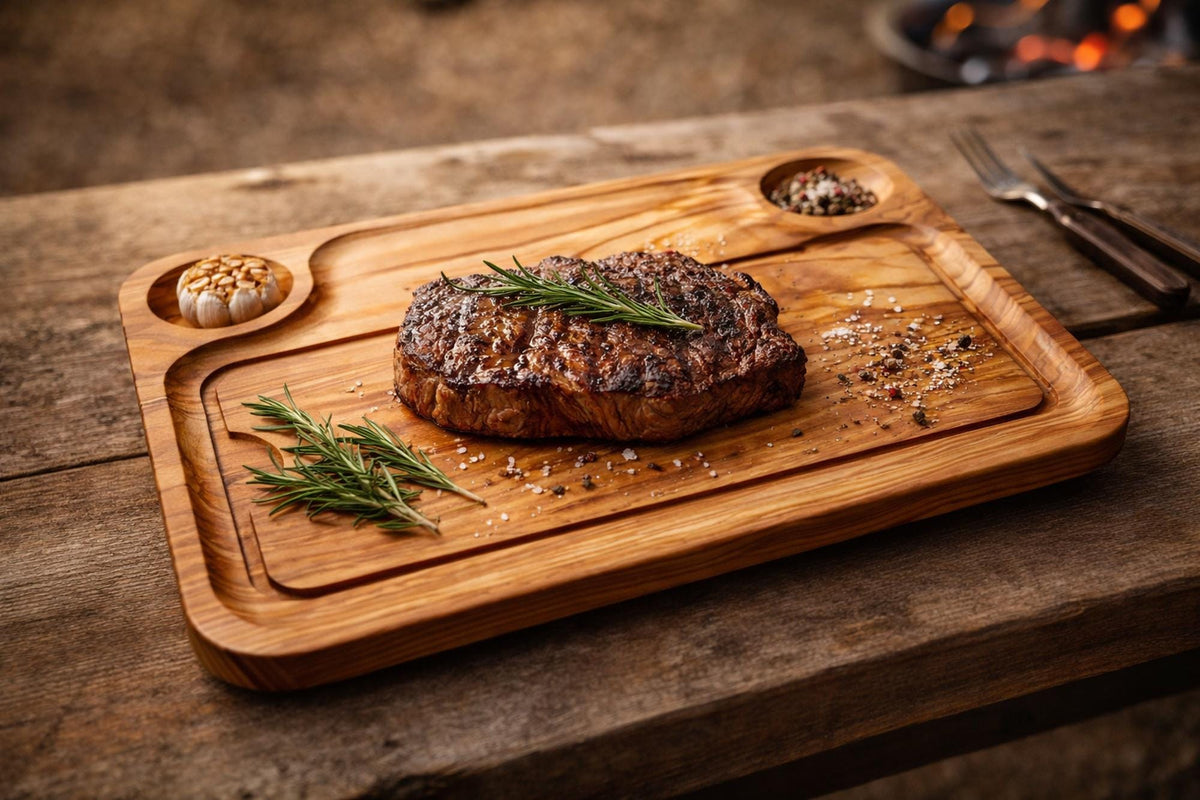 Olive Wood Steak Board, BBQ Serving Plate, Juice Channel Meat Board, Rustic Grill Gift