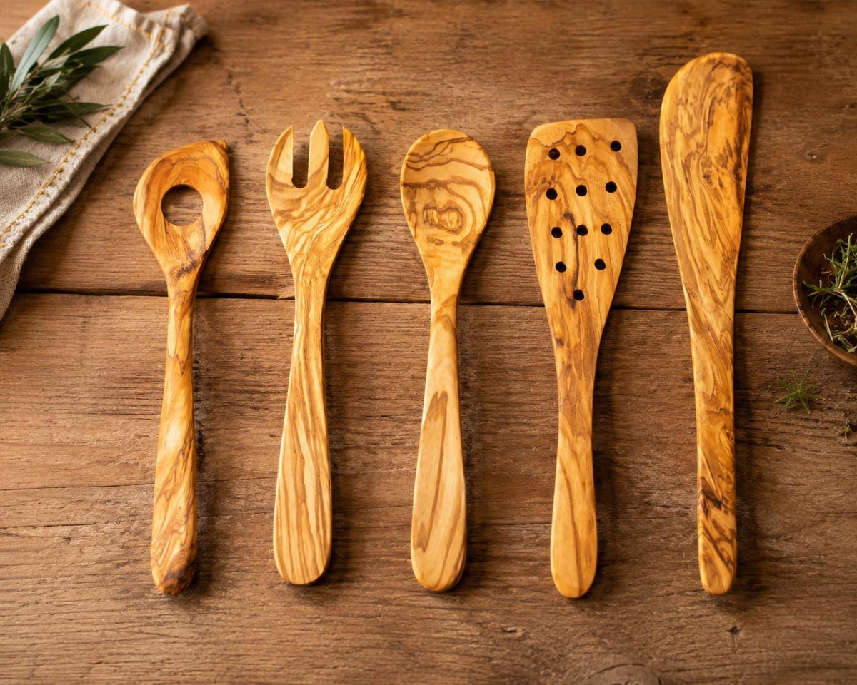 Olive Wood Kitchen Utensil Set of 5, Handmade Wooden Cooking Spoons, Rustic Housewarming Gift, Kitchen Gift for Cook