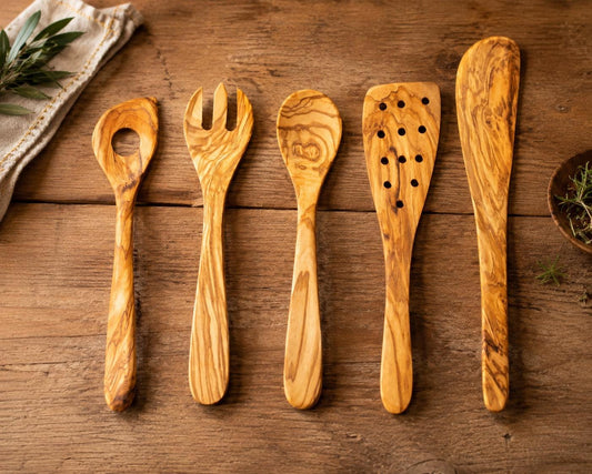 Olive Wood Kitchen Utensil Set of 5, Handmade Wooden Cooking Spoons, Rustic Housewarming Gift, Kitchen Gift for Cook