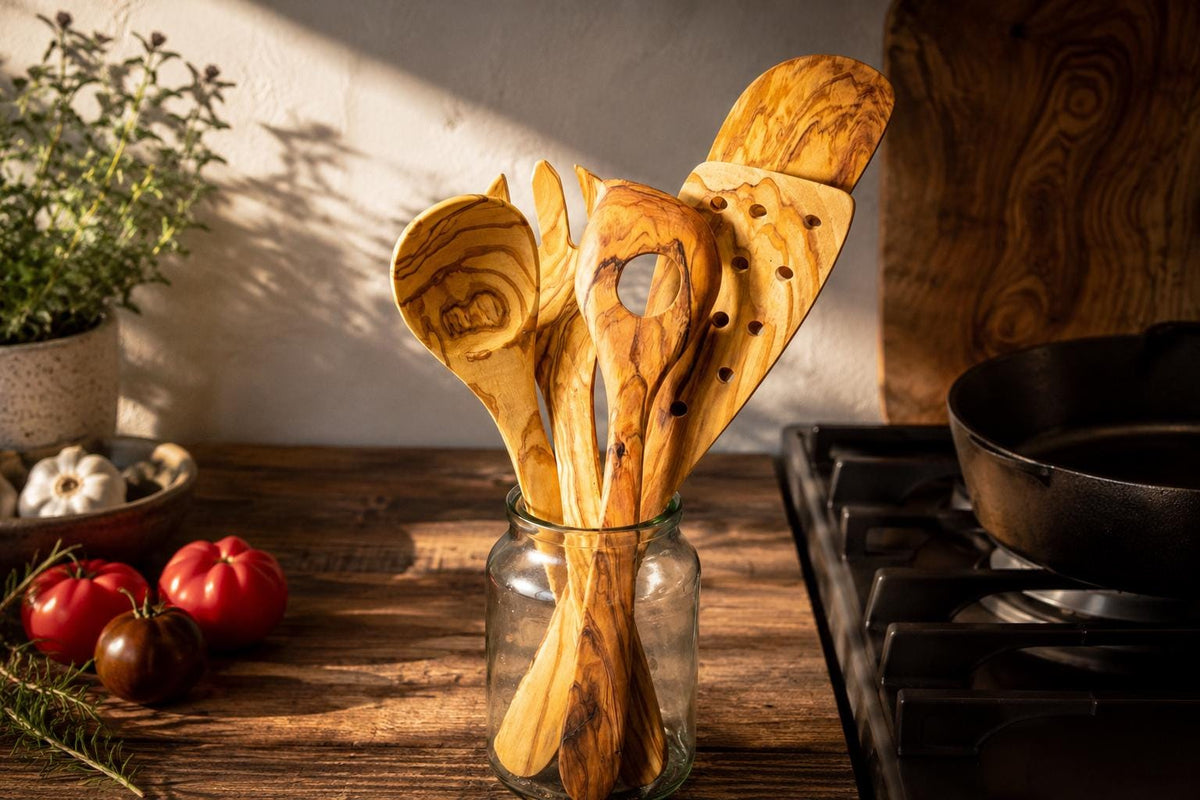 Olive Wood Kitchen Utensil Set of 5, Handmade Wooden Cooking Spoons, Rustic Housewarming Gift, Kitchen Gift for Cook