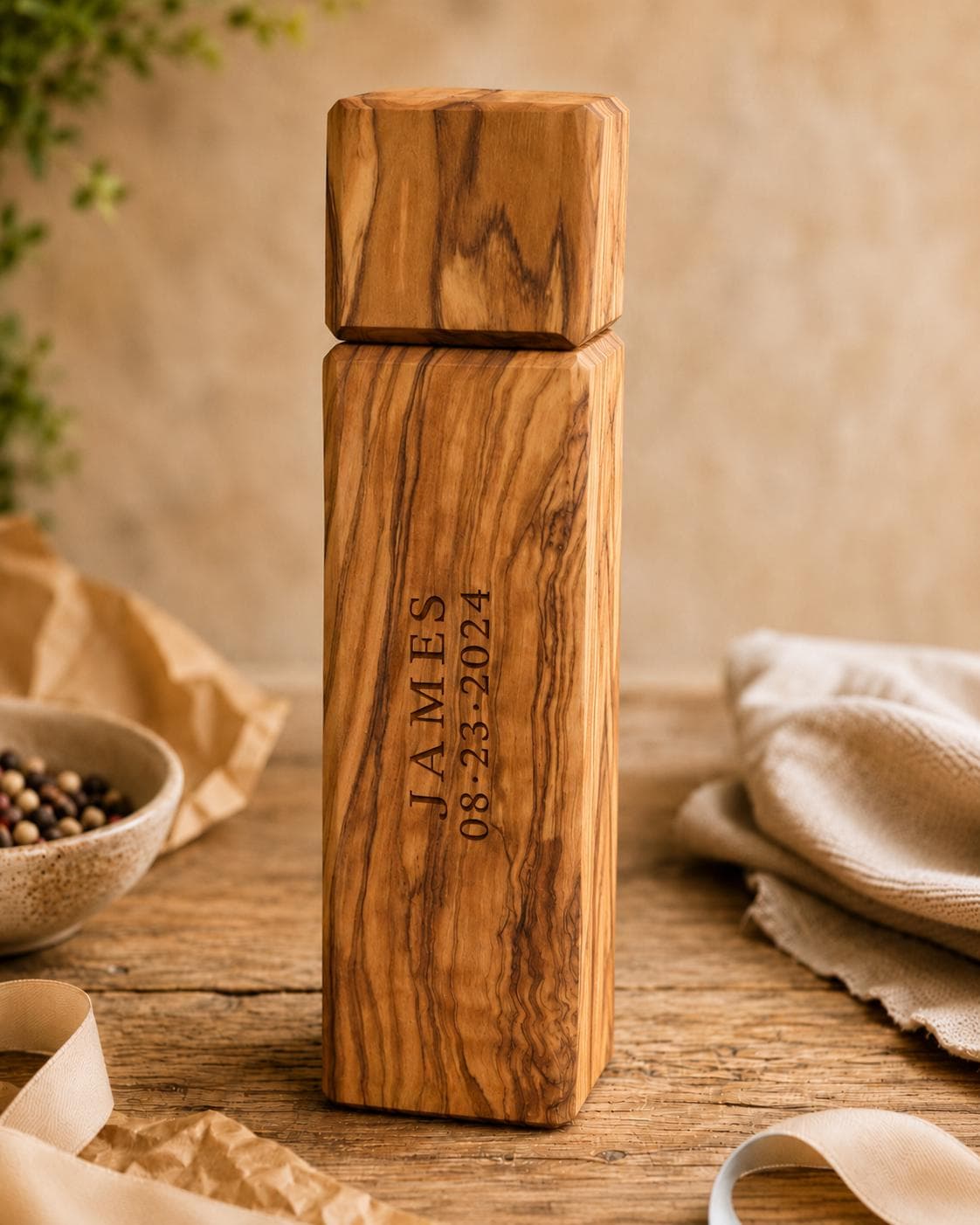 Personalized Olive Wood Pepper Mill, Engraved Salt or Spice Grinder, Rustic Kitchen Gift for Him, Handmade Cooking Gift