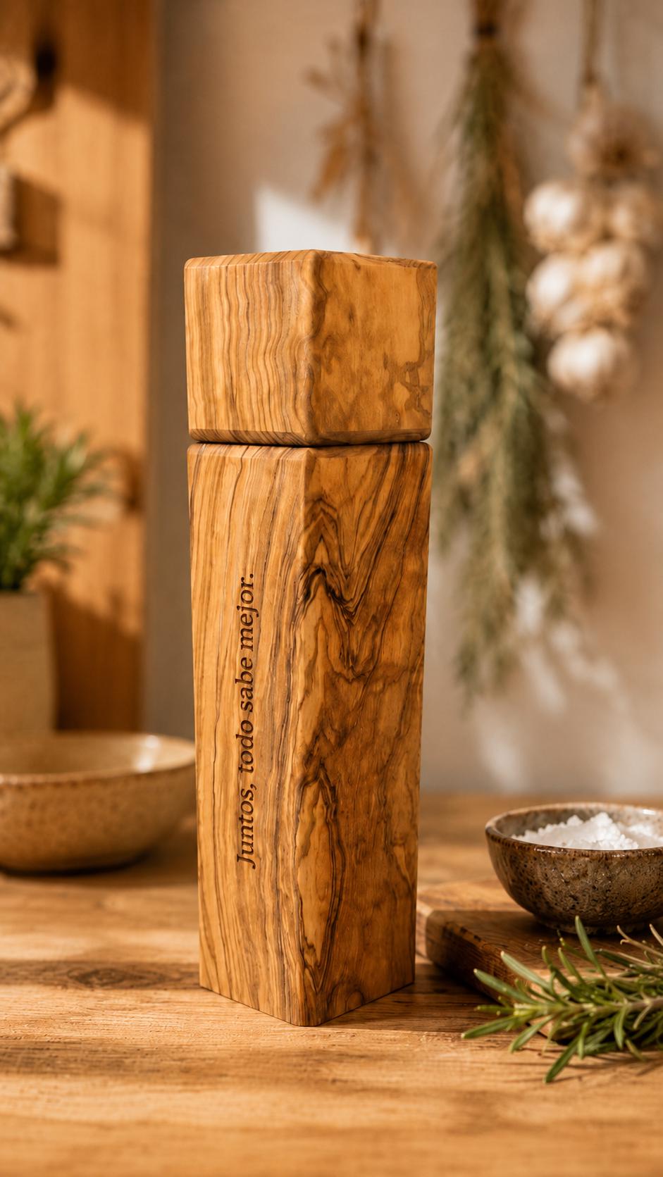Personalized Olive Wood Pepper Mill, Engraved Salt or Spice Grinder, Rustic Kitchen Gift for Him, Handmade Cooking Gift